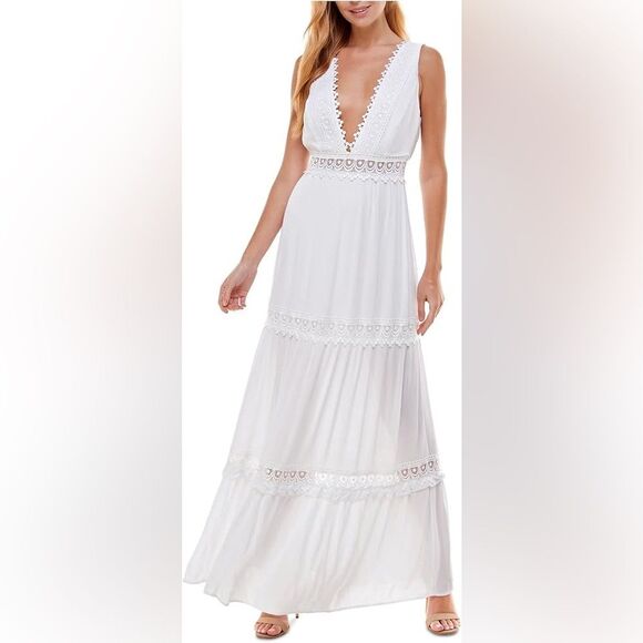 NEW! Bebe Lace Inset Maxi Dress White - XL ~ Boho Chic Wedding Vacation! ~ $159 - Picture 1 of 15